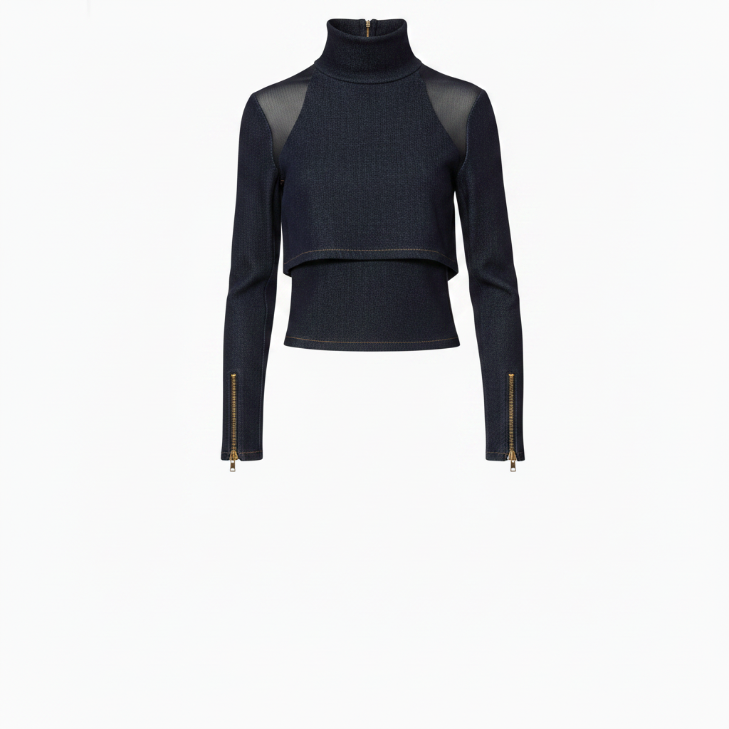 Denim, Mesh shoulder high collar top