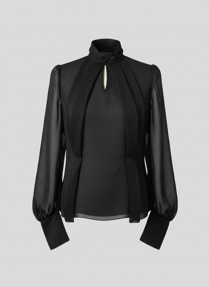 Multi-pleat front blouse black