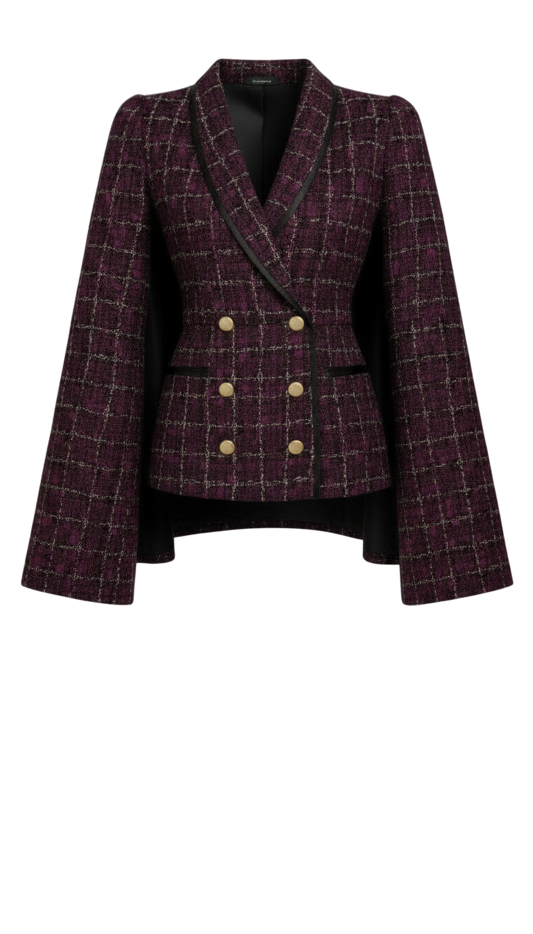 Double Breasted Shall Collar Cape - Burgundy Tweed