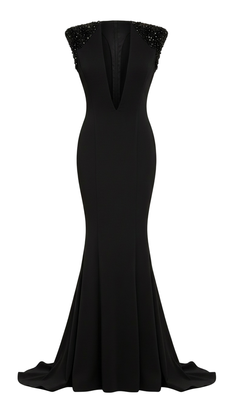 Deep V Neck Beaded Shoulder Dress