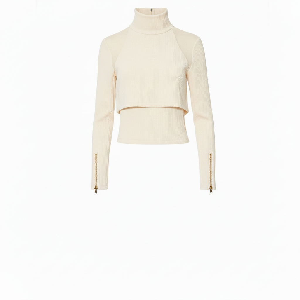 Mesh shoulder high collar top ivory