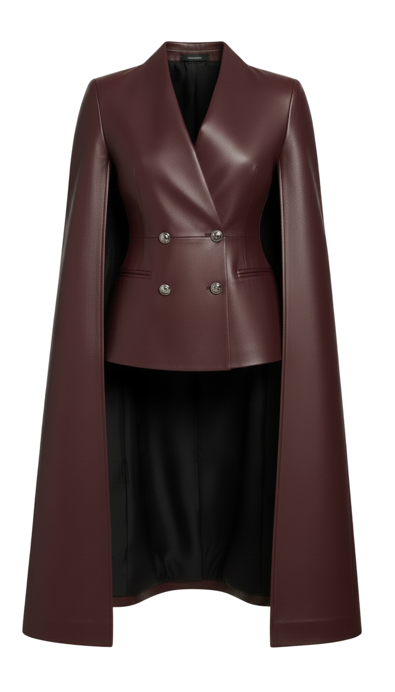 Floor Sweeping Sleeved Cape - Burgundy leather