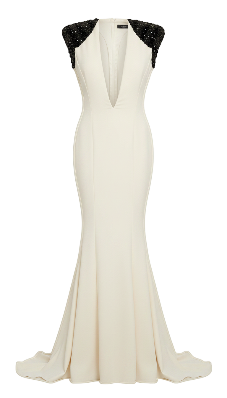 Deep V Neck Beaded Shoulder Dress Ivory