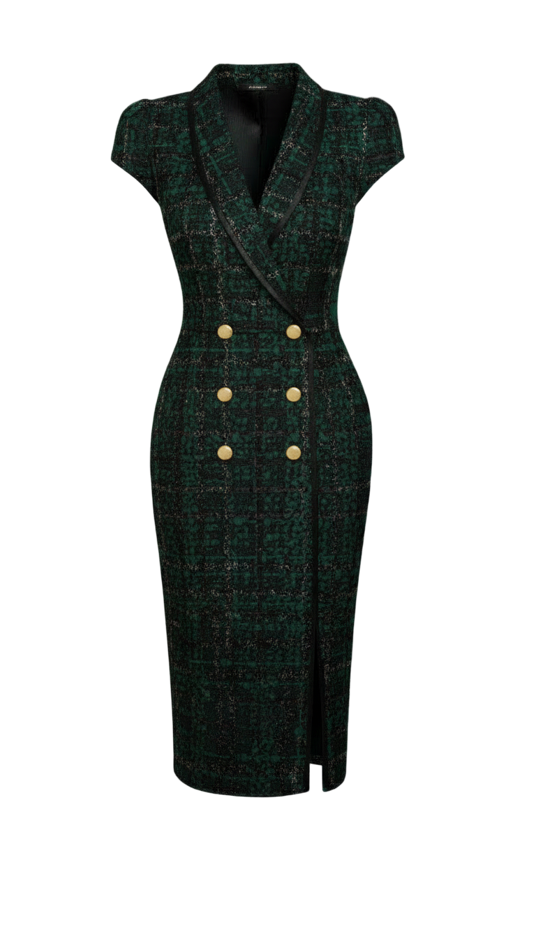 Double breasted Shall Collar Dress - Forest Green