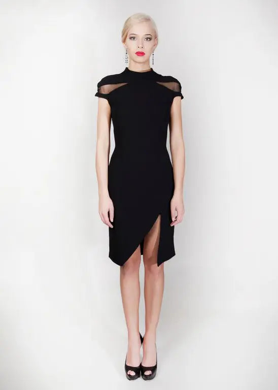 Black Dress with tulle shoulders Sinclair London
